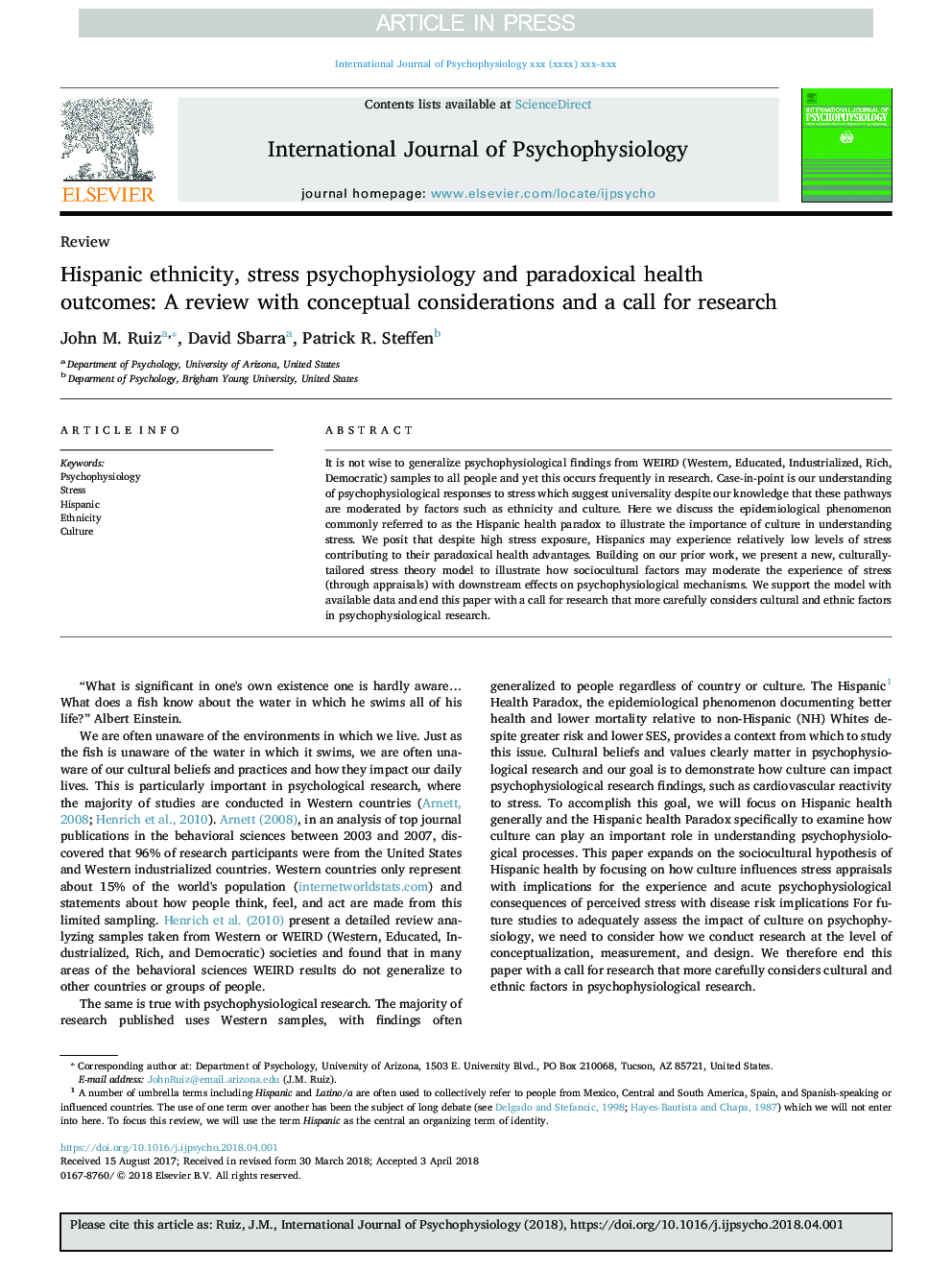 Hispanic ethnicity, stress psychophysiology and paradoxical health outcomes: A review with conceptual considerations and a call for research