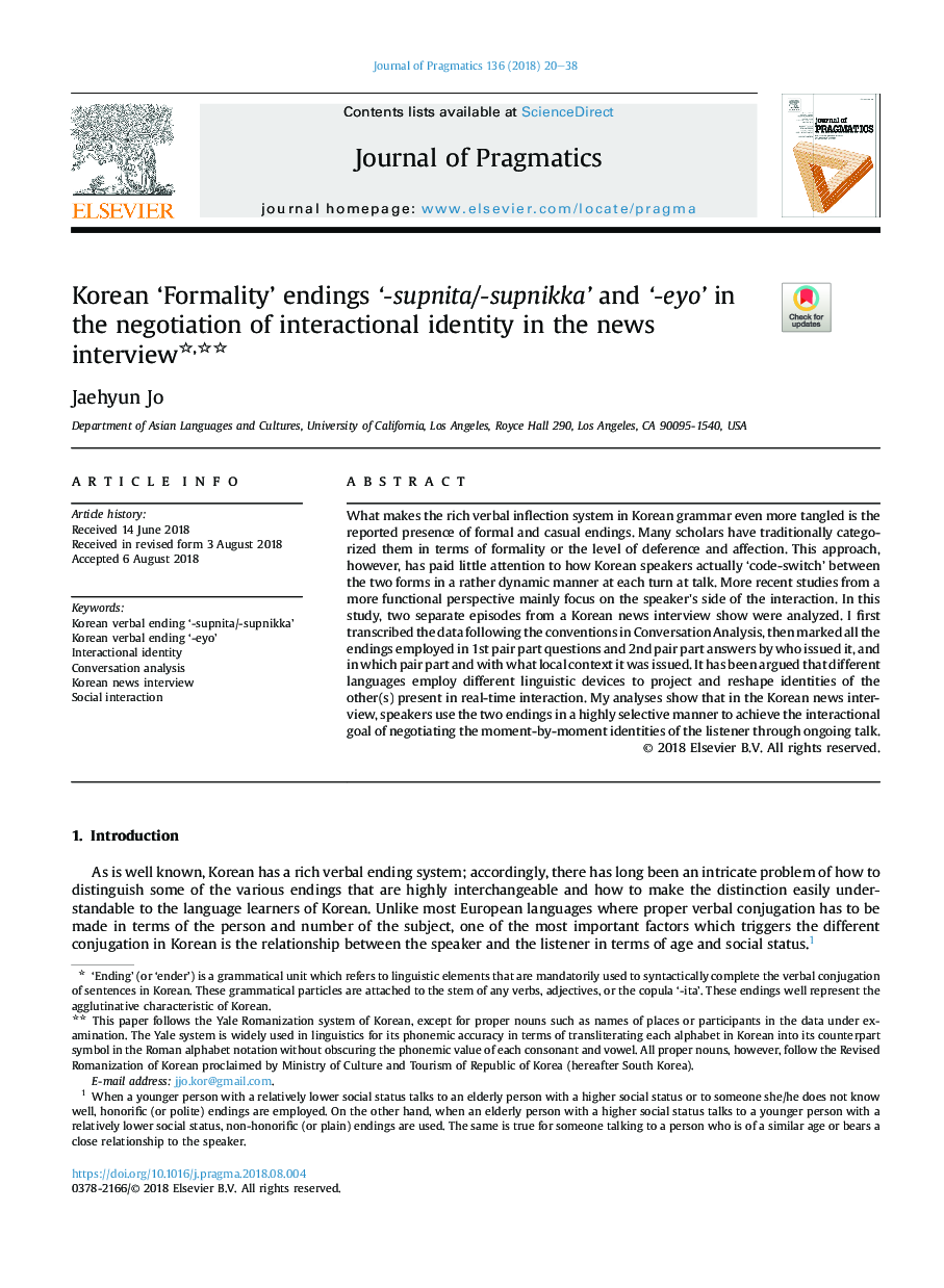 Korean 'Formality' endings '-supnita/-supnikka' and '-eyo' in the negotiation of interactional identity in the news interview