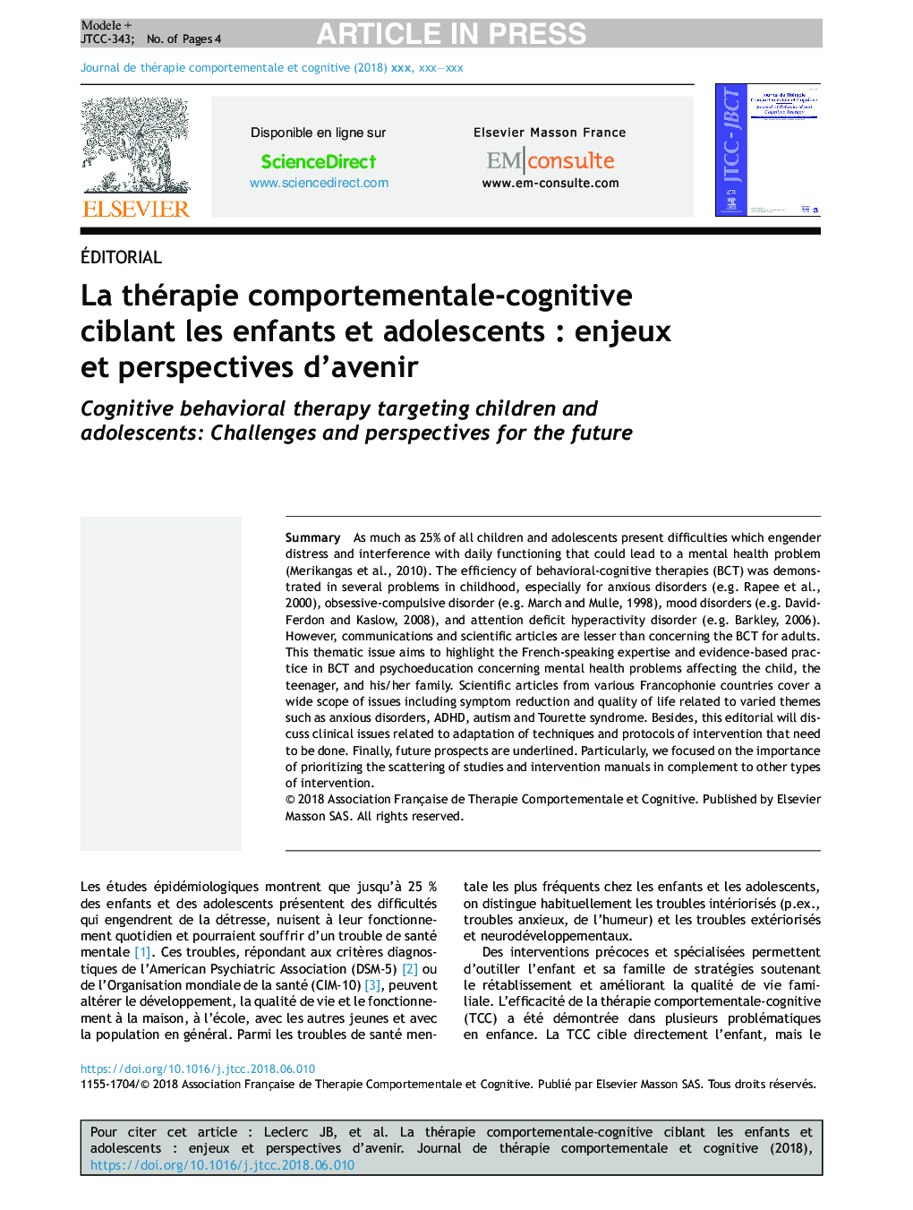 La thérapie comportementale-cognitive ciblant les enfants et adolescentsÂ : enjeux et perspectives d'avenir