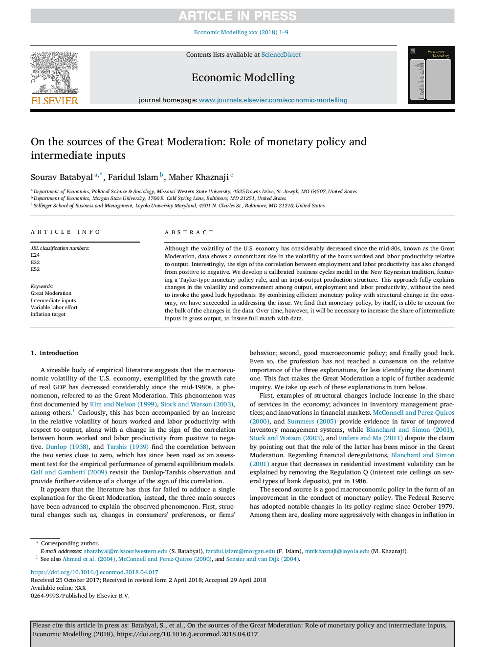 On the sources of the Great Moderation: Role of monetary policy and intermediate inputs