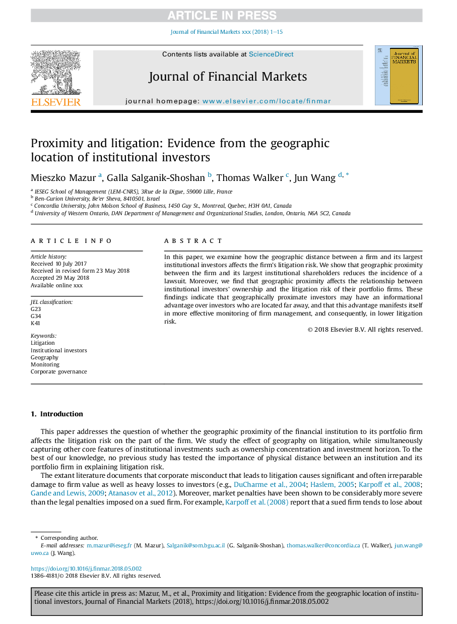 Proximity and litigation: Evidence from the geographic location of institutional investors