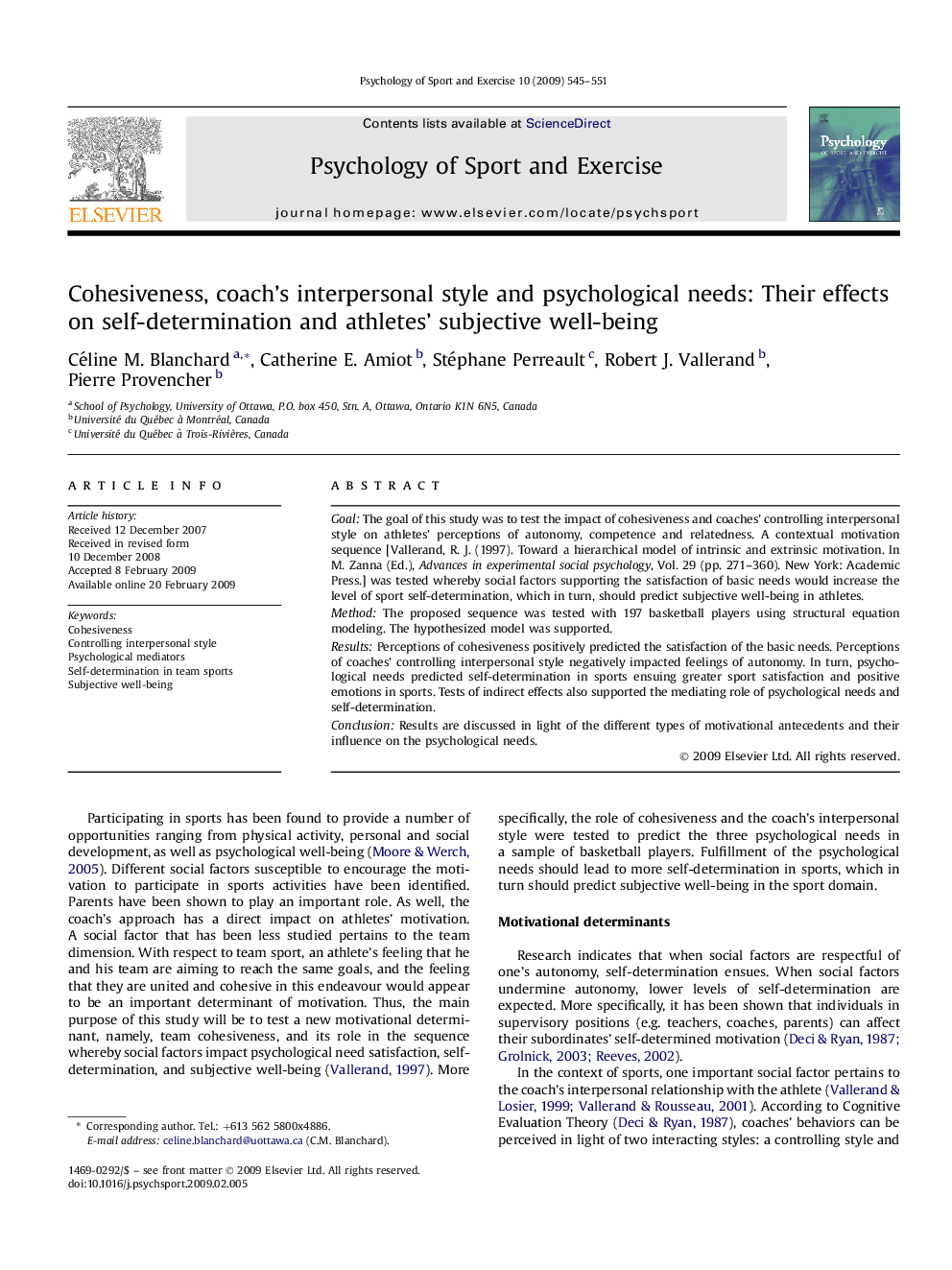 Cohesiveness, coach's interpersonal style and psychological needs: Their effects on self-determination and athletes' subjective well-being