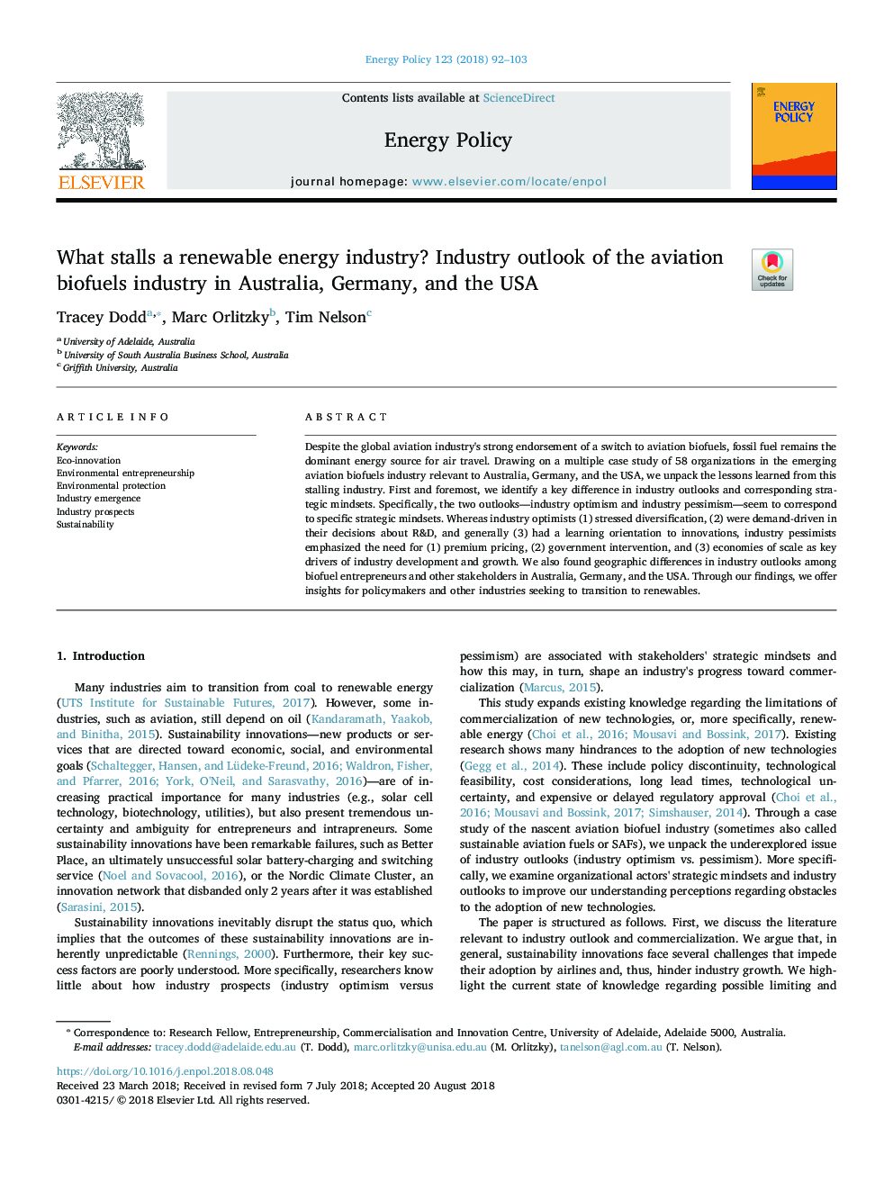 What stalls a renewable energy industry? Industry outlook of the aviation biofuels industry in Australia, Germany, and the USA