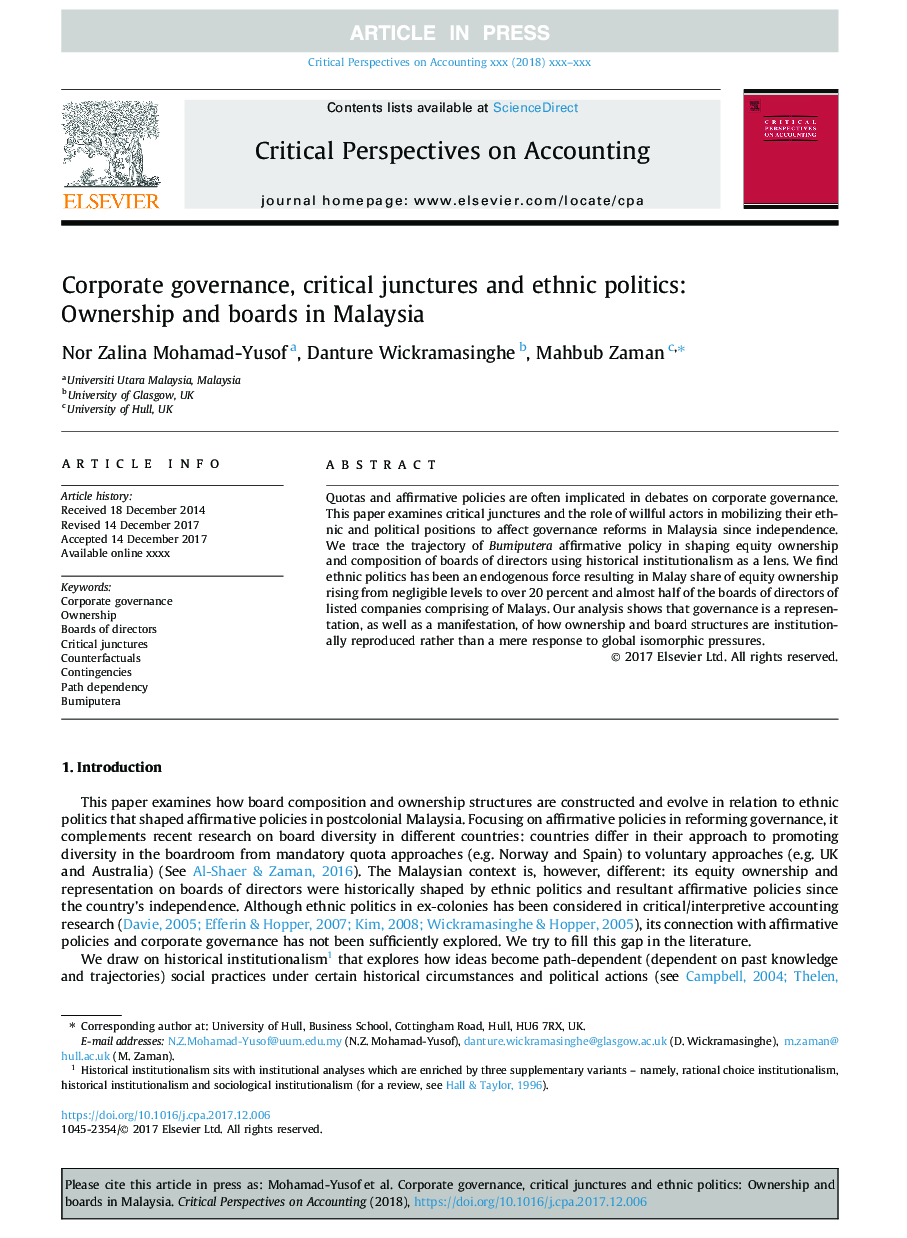 حاکمیت شرکتی، مقررات بحرانی و سیاست های قومی: مالکیت و هیئت مدیره در مالزی