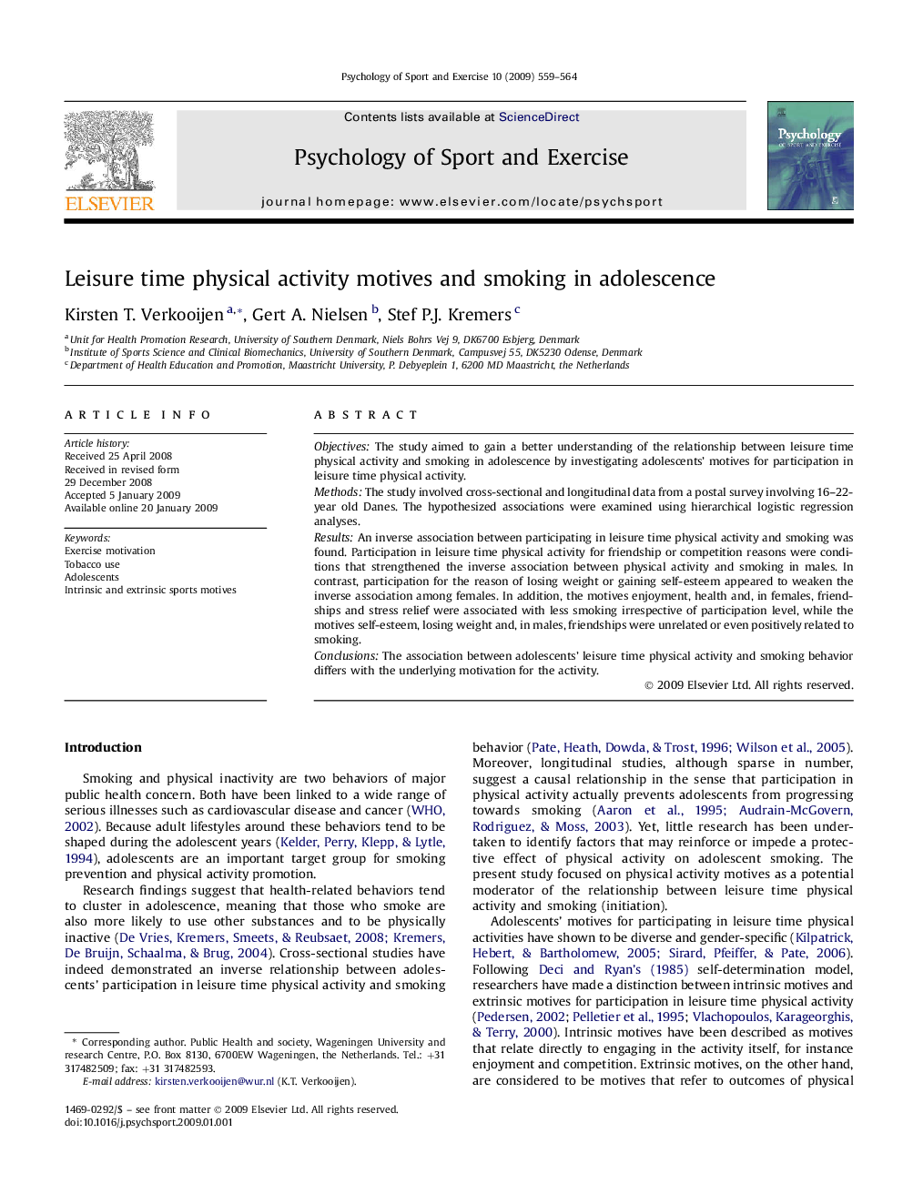 Leisure time physical activity motives and smoking in adolescence