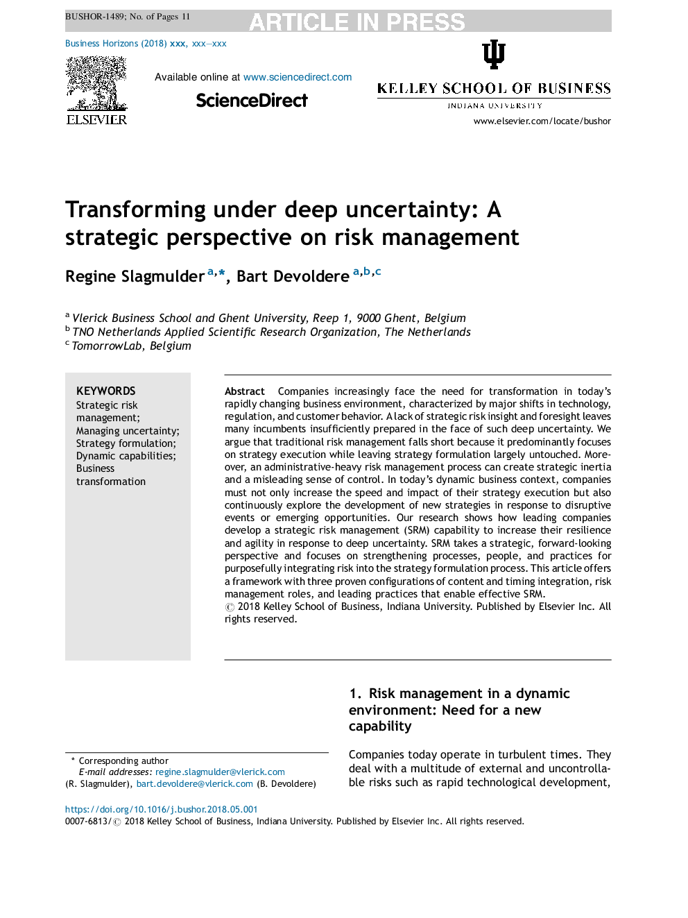 Transforming under deep uncertainty: A strategic perspective on risk management