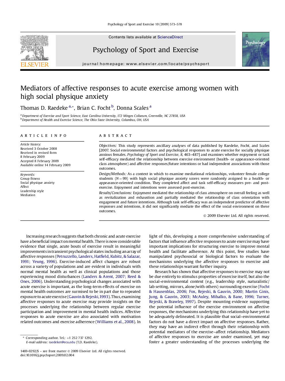 عکس صفحه اول مقاله: Mediators of affective responses to acute exercise among women with high social physique anxiety Mediators of affective responses to acute exercise among women with high social physique anxiety