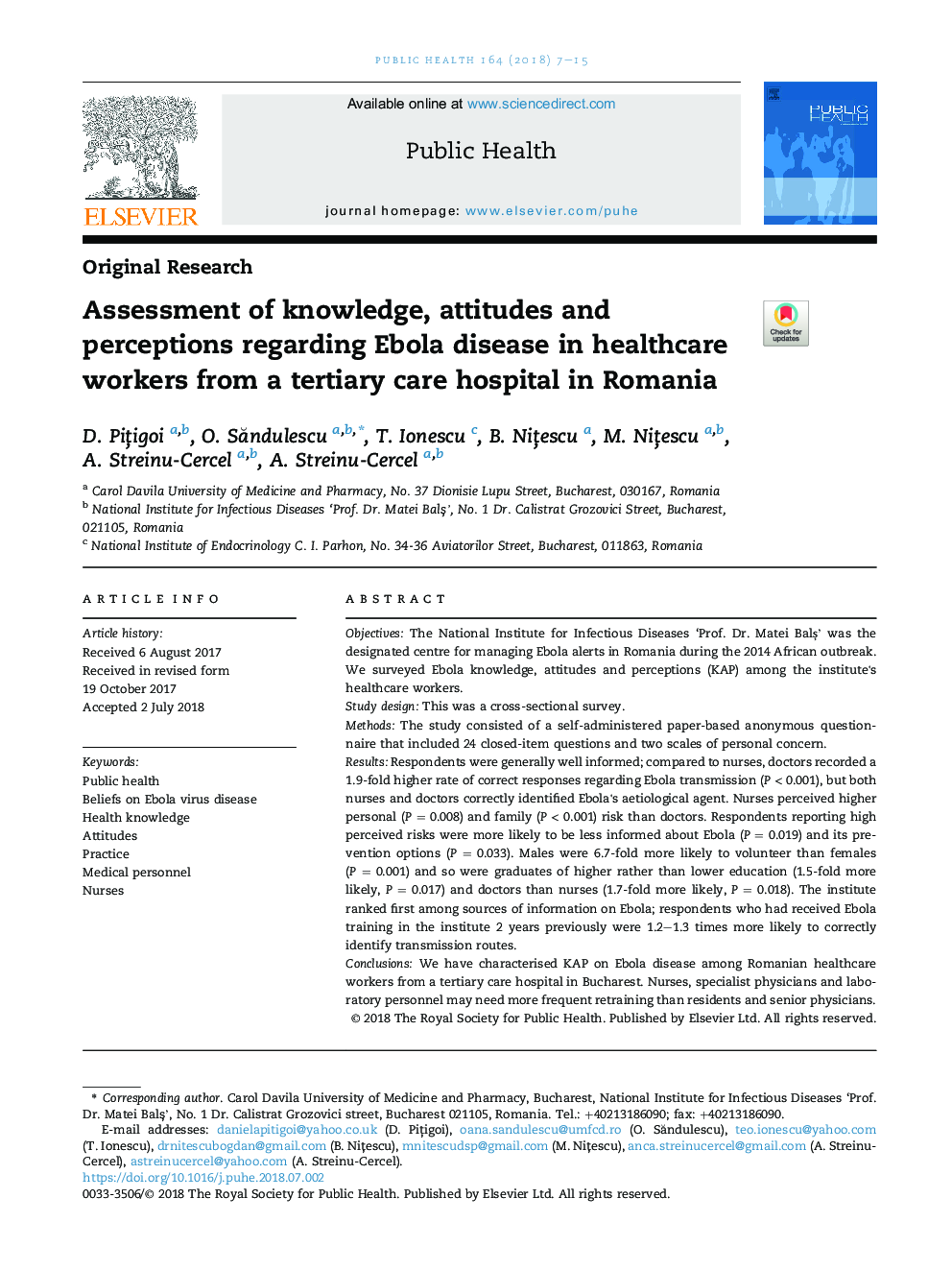 Assessment of knowledge, attitudes and perceptions regarding Ebola disease in healthcare workers from a tertiary care hospital in Romania