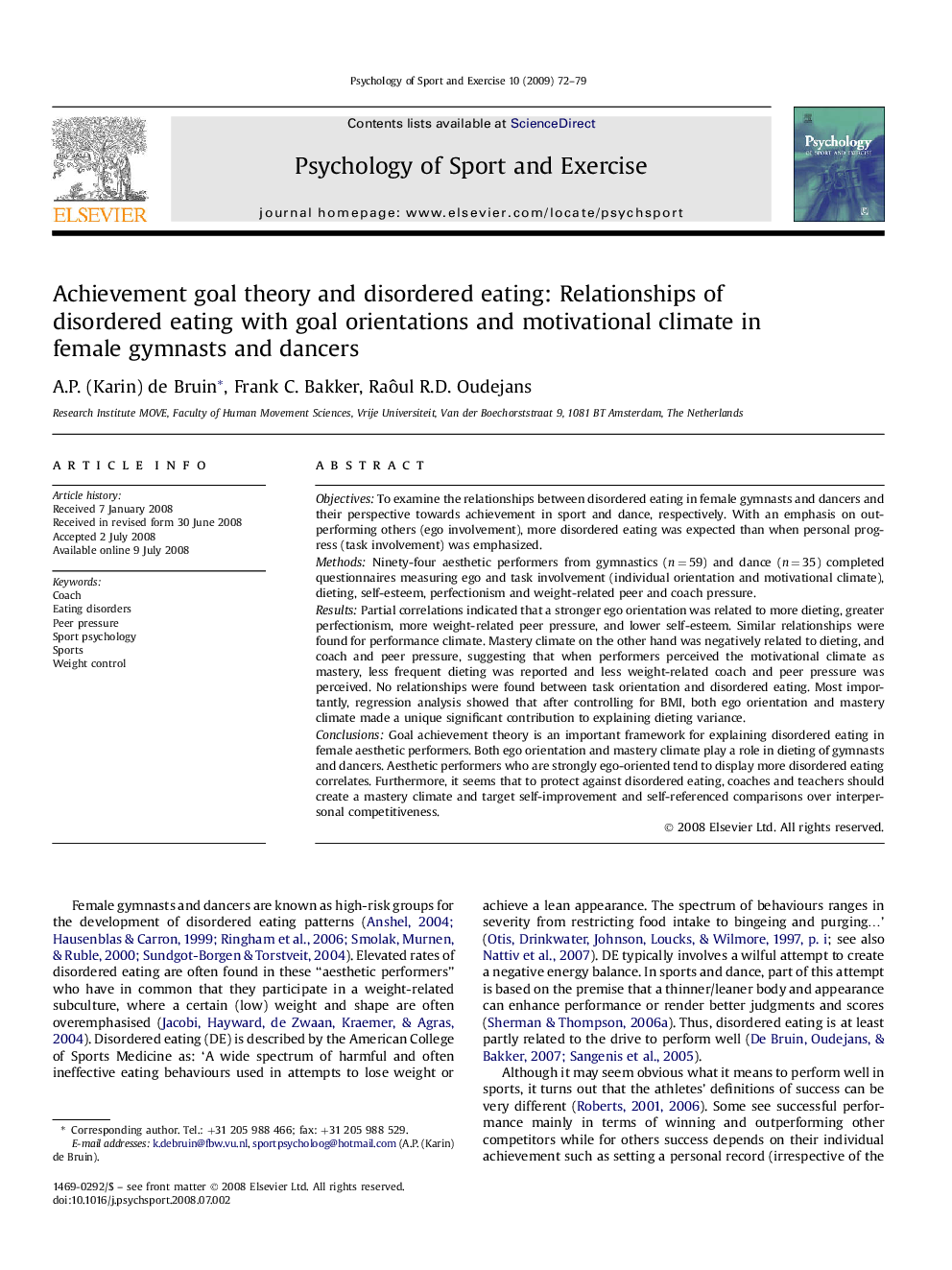 Achievement goal theory and disordered eating: Relationships of disordered eating with goal orientations and motivational climate in female gymnasts and dancers