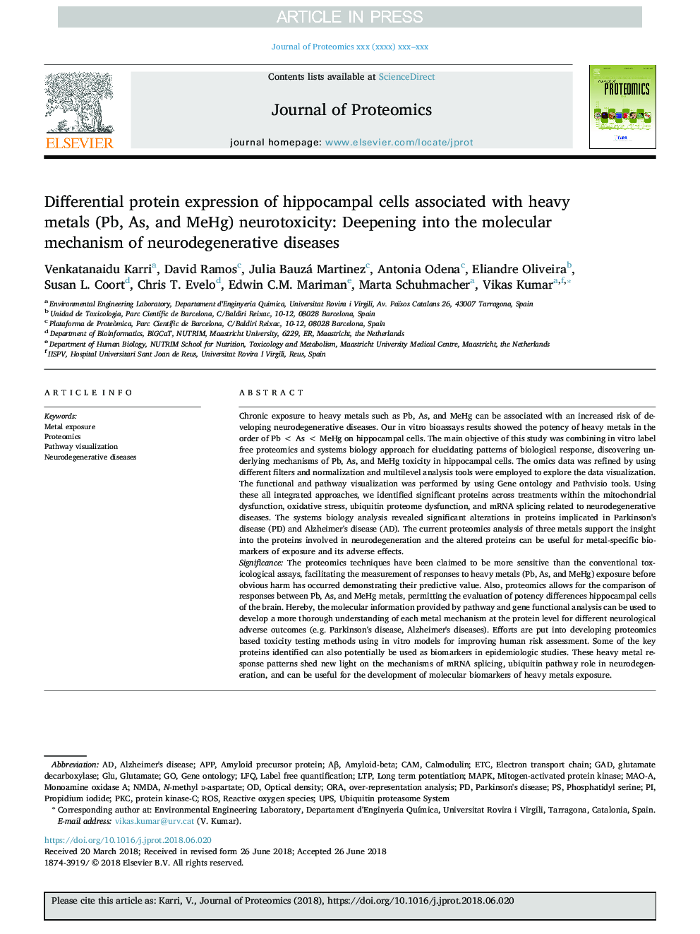 Differential protein expression of hippocampal cells associated with heavy metals (Pb, As, and MeHg) neurotoxicity: Deepening into the molecular mechanism of neurodegenerative diseases