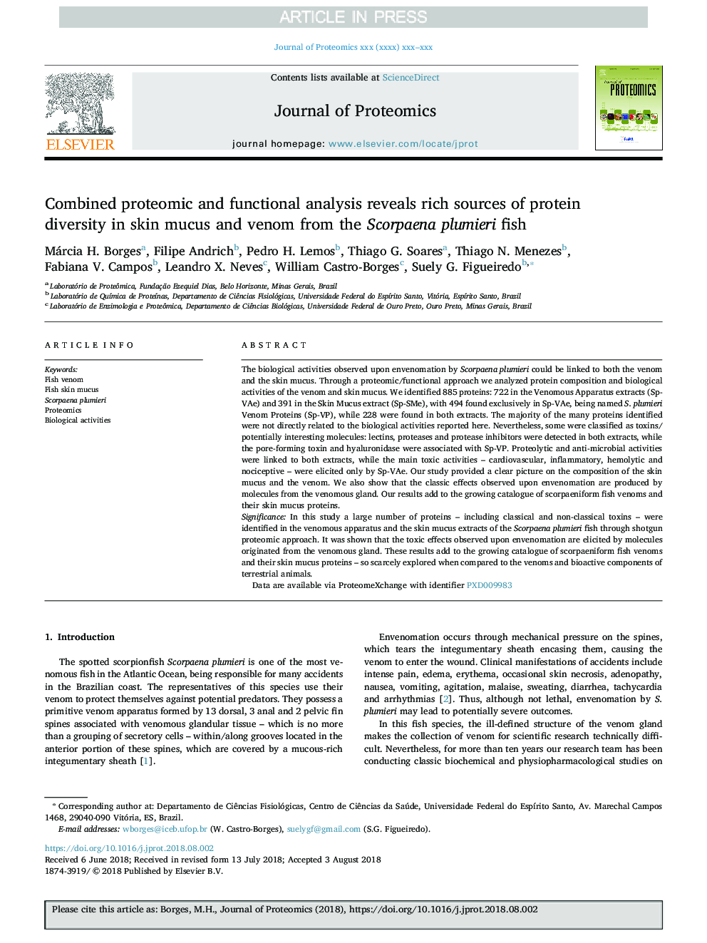 Combined proteomic and functional analysis reveals rich sources of protein diversity in skin mucus and venom from the Scorpaena plumieri fish