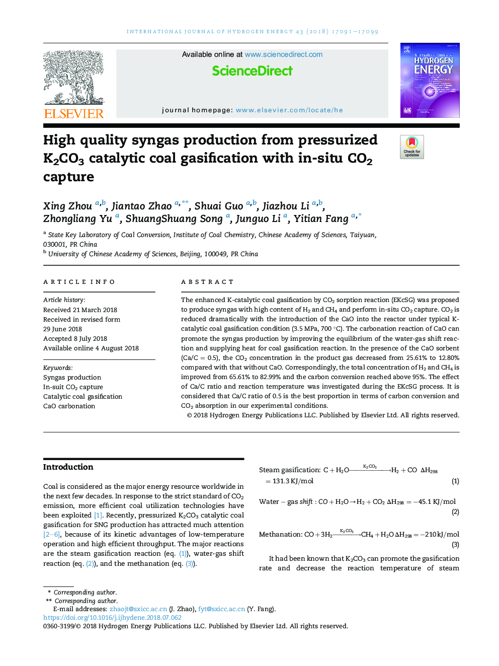 High quality syngas production from pressurized K2CO3 catalytic coal gasification with in-situ CO2 capture