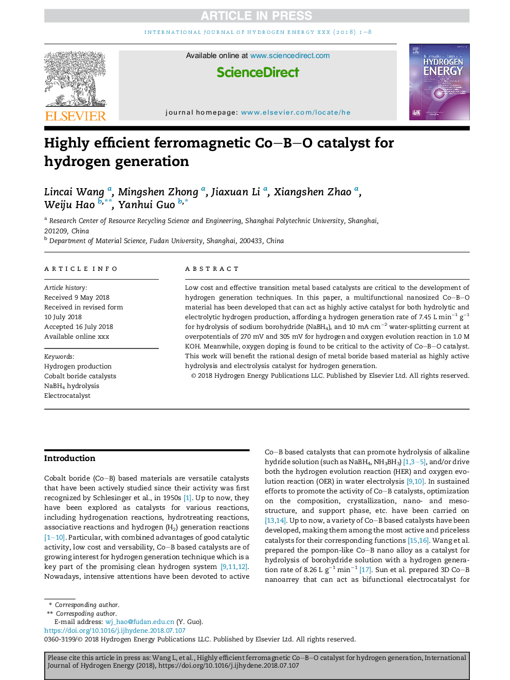 Highly efficient ferromagnetic CoBO catalyst for hydrogen generation