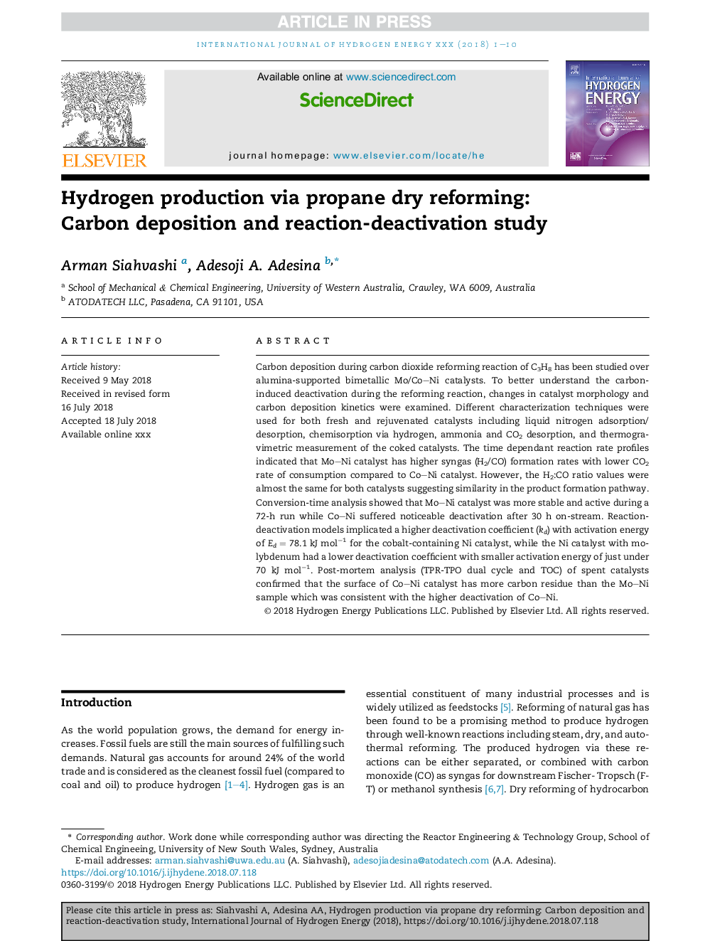 Hydrogen production via propane dry reforming: Carbon deposition and reaction-deactivation study