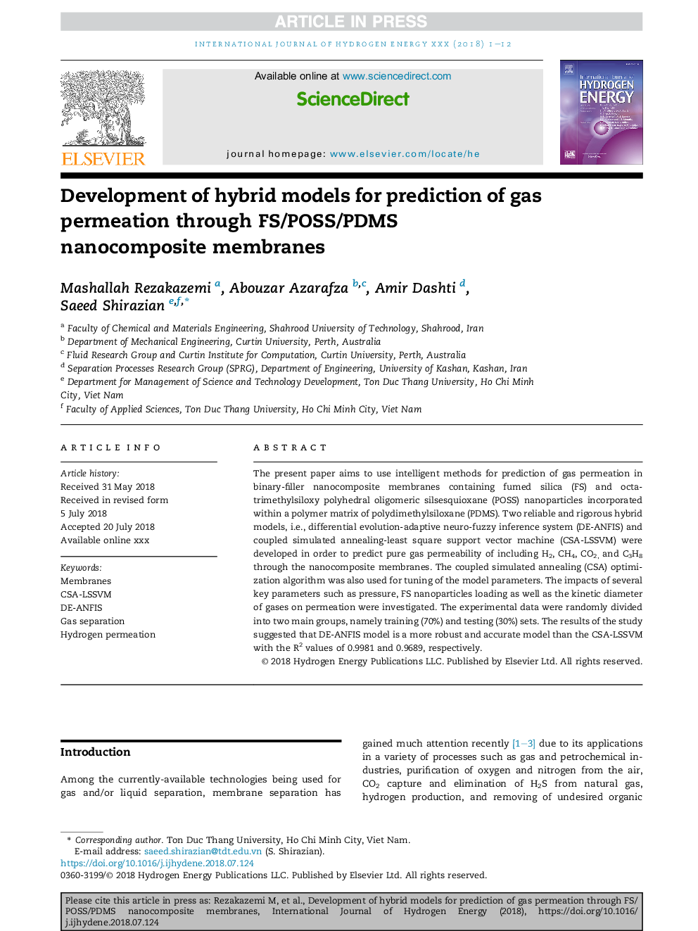 Development of hybrid models for prediction of gas permeation through FS/POSS/PDMS nanocomposite membranes