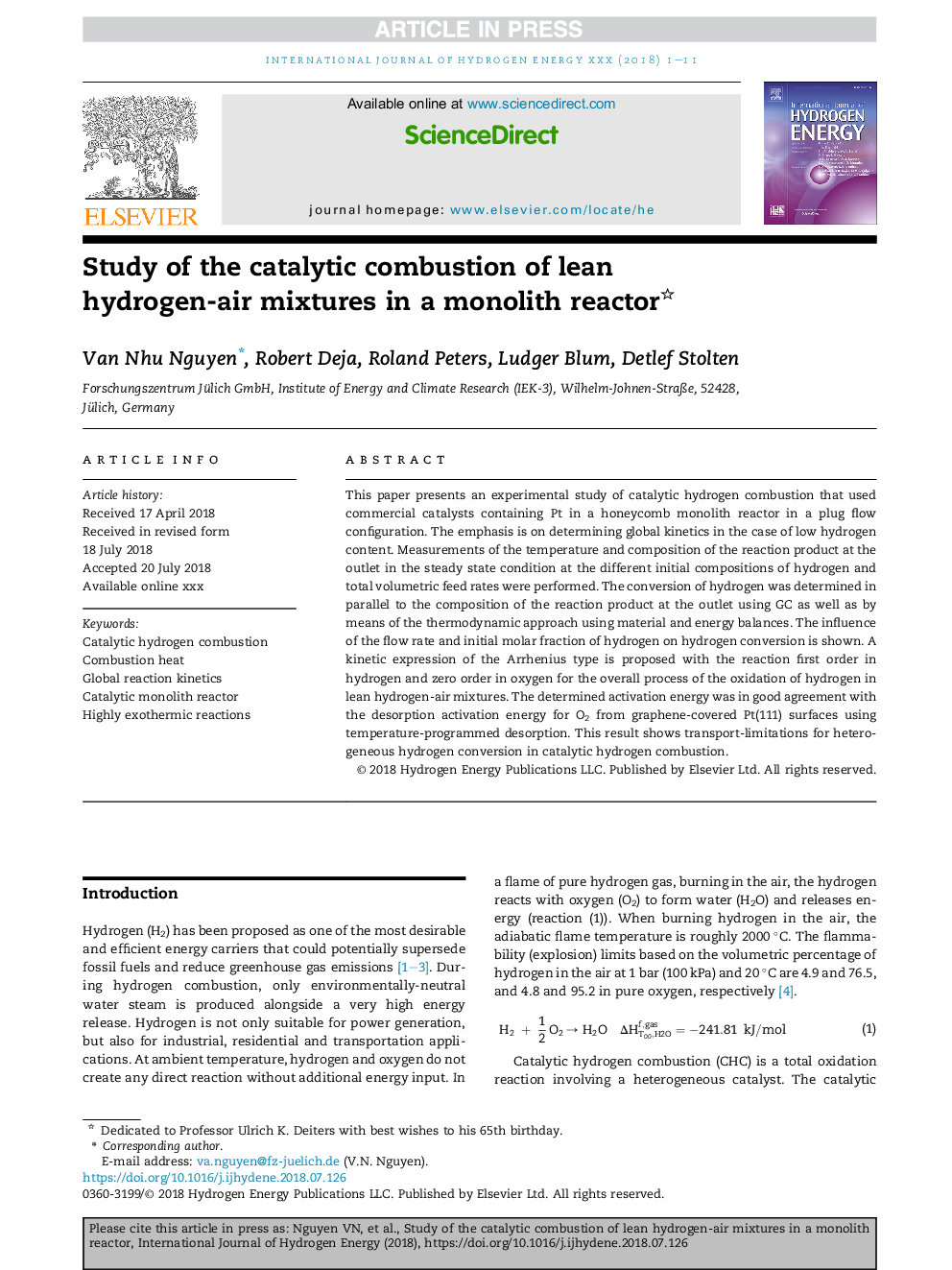 Study of the catalytic combustion of lean hydrogen-air mixtures in a monolith reactor