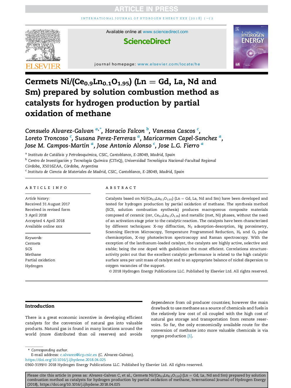 Cermets Ni/(Ce0.9Ln0.1O1.95) (LnÂ =Â Gd, La, Nd and Sm) prepared by solution combustion method as catalysts for hydrogen production by partial oxidation of methane