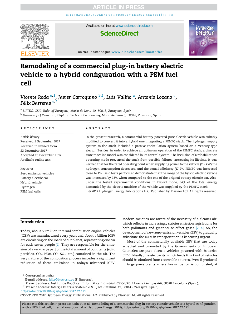 Remodeling of a commercial plug-in battery electric vehicle to a hybrid configuration with a PEM fuel cell