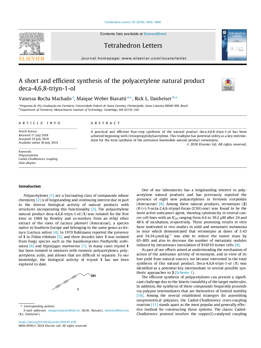 A short and efficient synthesis of the polyacetylene natural product deca-4,6,8-triyn-1-ol