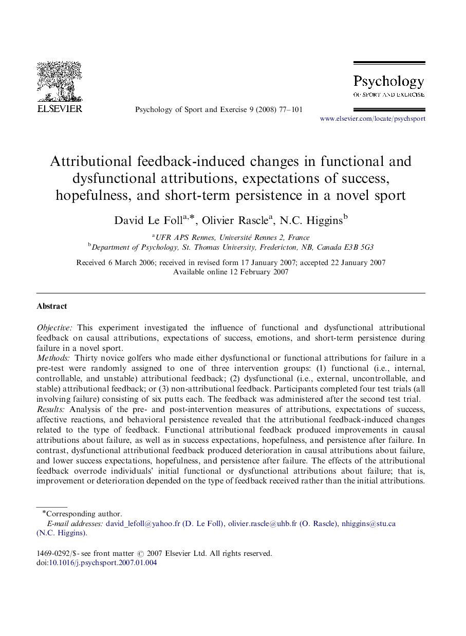 Attributional feedback-induced changes in functional and dysfunctional attributions, expectations of success, hopefulness, and short-term persistence in a novel sport