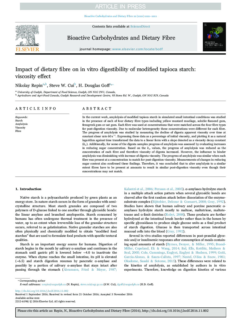 Impact of dietary fibre on in vitro digestibility of modified tapioca starch: viscosity effect