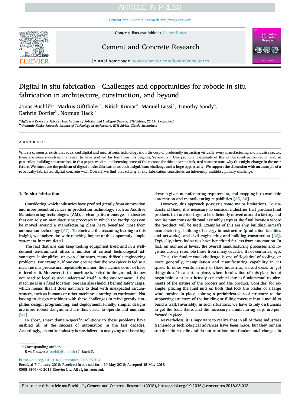 Digital in situ fabrication - Challenges and opportunities for robotic in situ fabrication in architecture, construction, and beyond