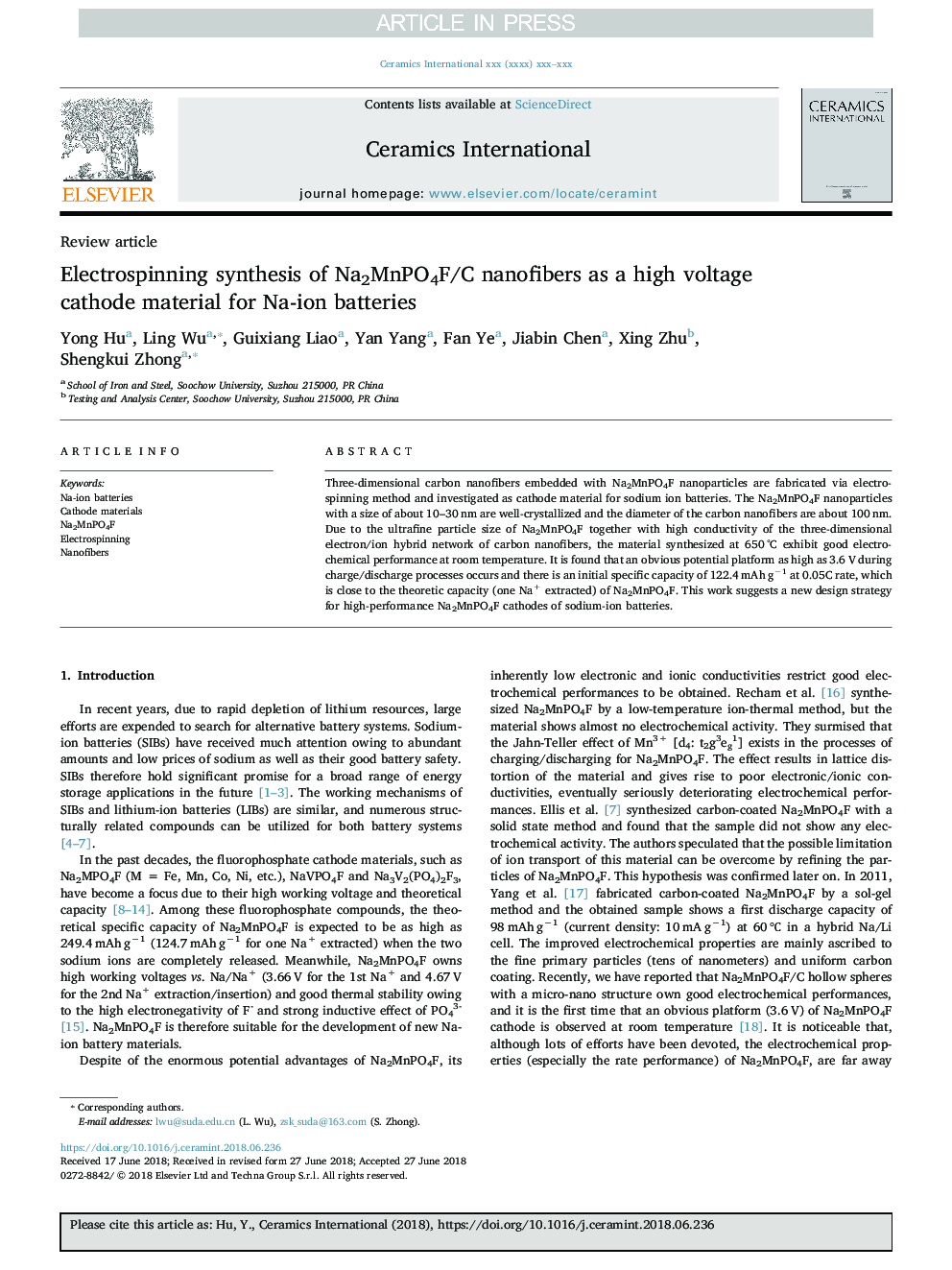 Electrospinning synthesis of Na2MnPO4F/C nanofibers as a high voltage cathode material for Na-ion batteries