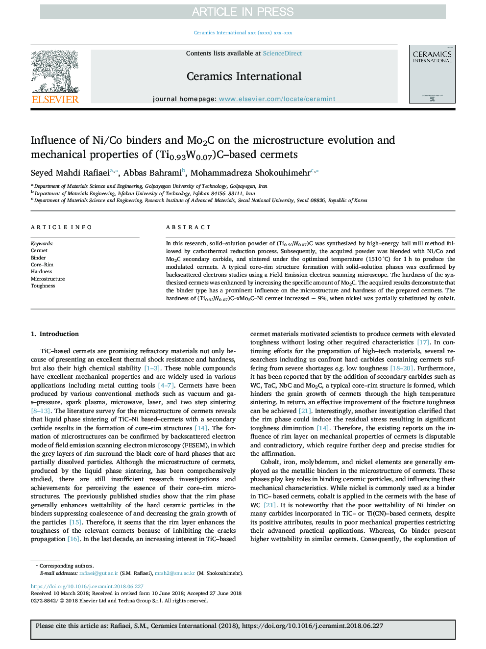 Influence of Ni/Co binders and Mo2C on the microstructure evolution and mechanical properties of (Ti0.93W0.07)C-based cermets