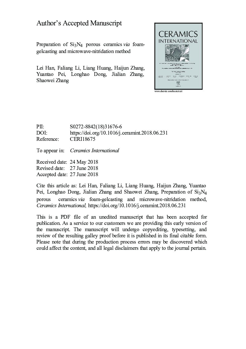 عکس صفحه اول مقاله: Preparation of Si3N4 porous ceramics via foam-gelcasting and microwave-nitridation method Preparation of Si3N4 porous ceramics via foam-gelcasting and microwave-nitridation method