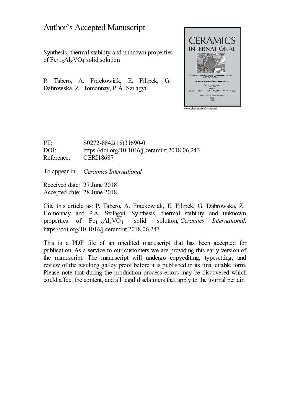 Synthesis, thermal stability and unknown properties of Fe1-xAlxVO4 solid solution