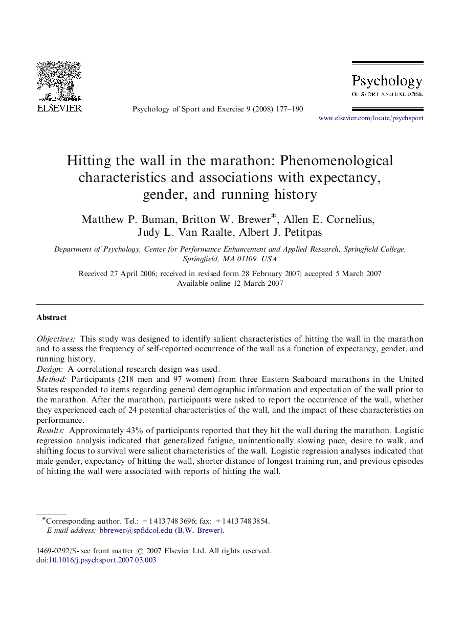 Hitting the wall in the marathon: Phenomenological characteristics and associations with expectancy, gender, and running history