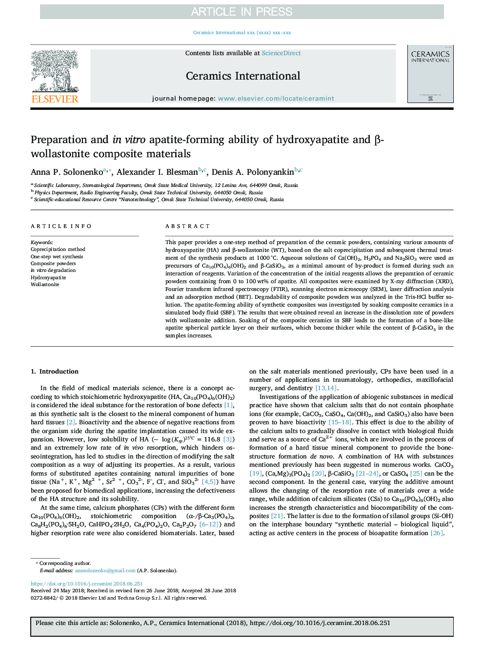 Preparation and in vitro apatite-forming ability of hydroxyapatite and Î²-wollastonite composite materials