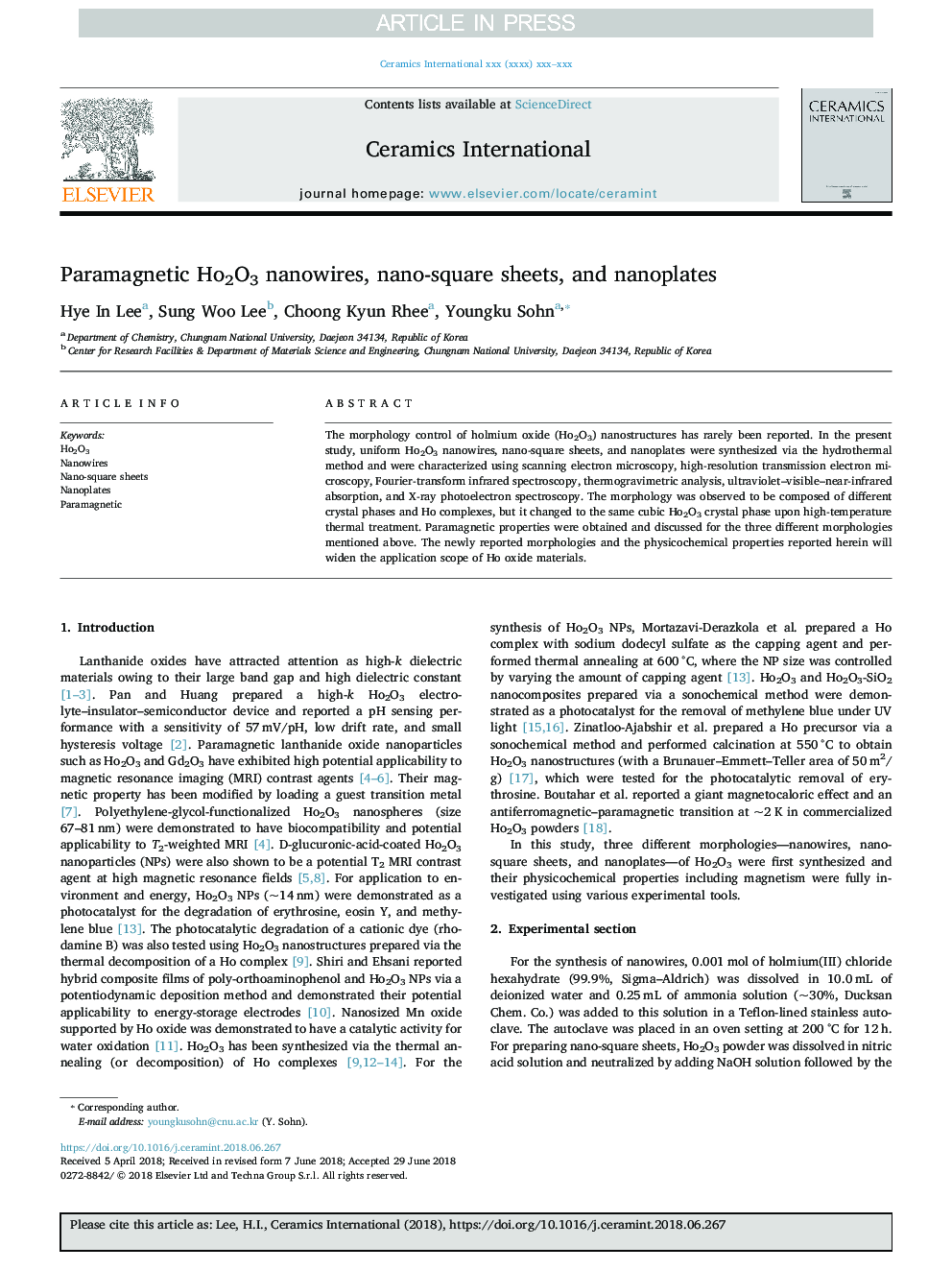 عکس صفحه اول مقاله: Paramagnetic Ho2O3 nanowires, nano-square sheets, and nanoplates Paramagnetic Ho2O3 nanowires, nano-square sheets, and nanoplates