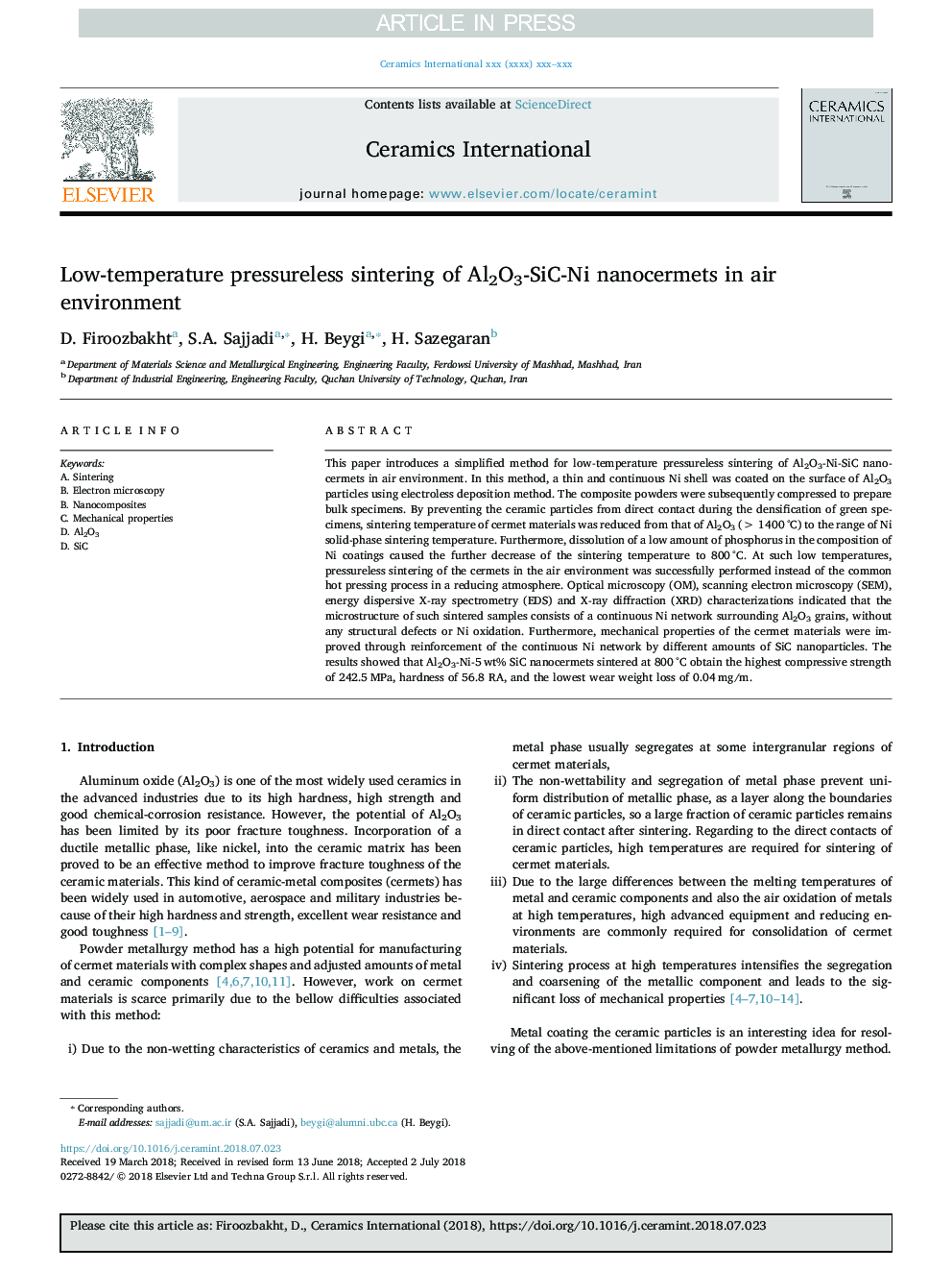 Low-temperature pressureless sintering of Al2O3-SiC-Ni nanocermets in air environment