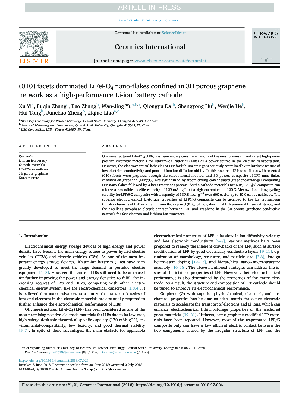 (010) facets dominated LiFePO4 nano-flakes confined in 3D porous graphene network as a high-performance Li-ion battery cathode