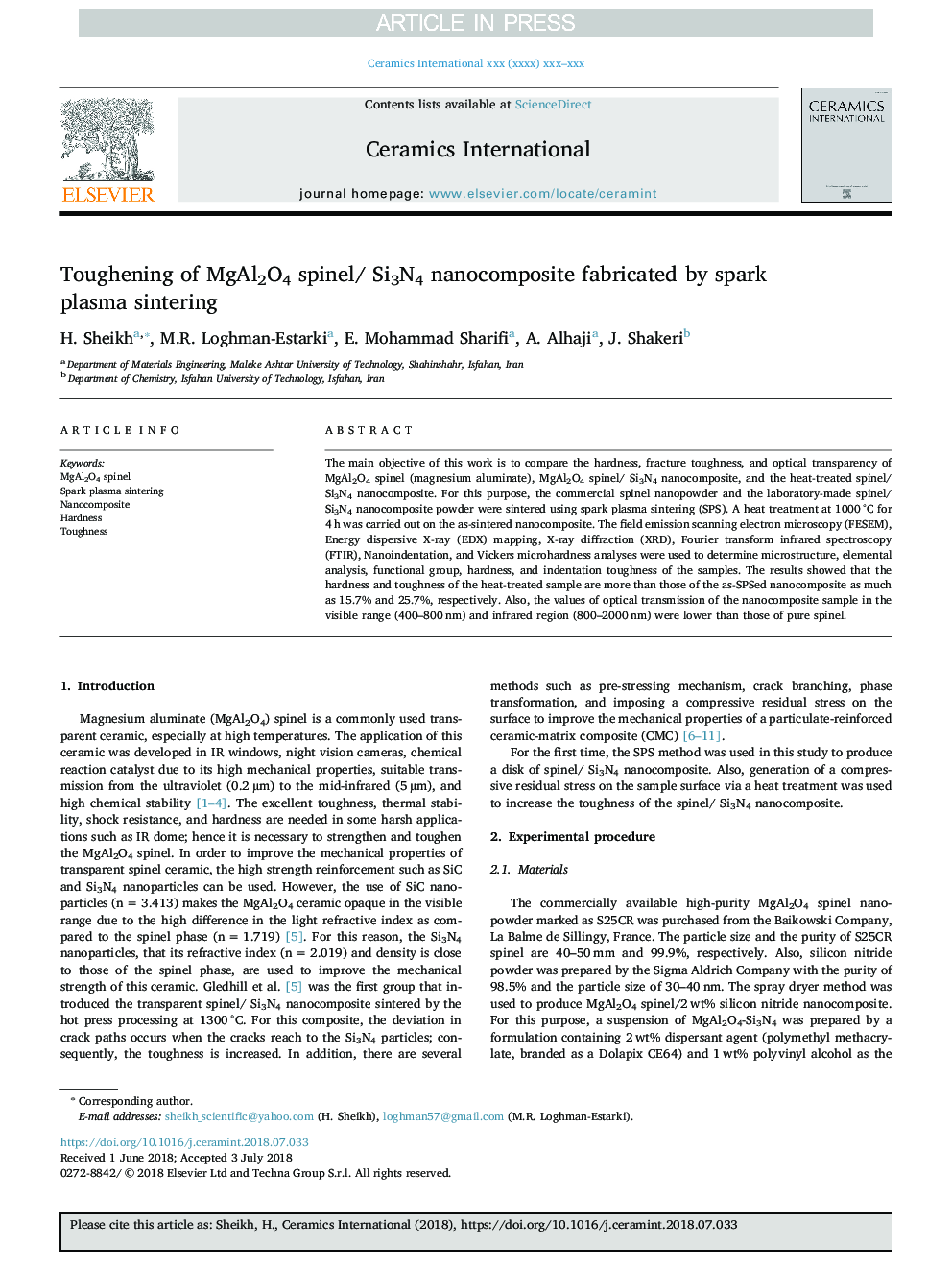 Toughening of MgAl2O4 spinel/ Si3N4 nanocomposite fabricated by spark plasma sintering