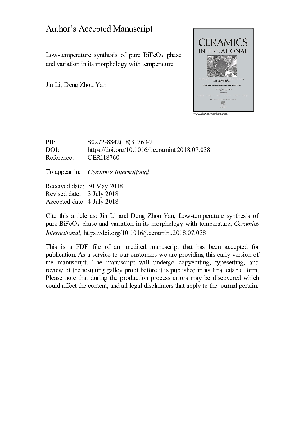 Low-temperature synthesis of pure BiFeO3 phase and variation in its morphology with temperature