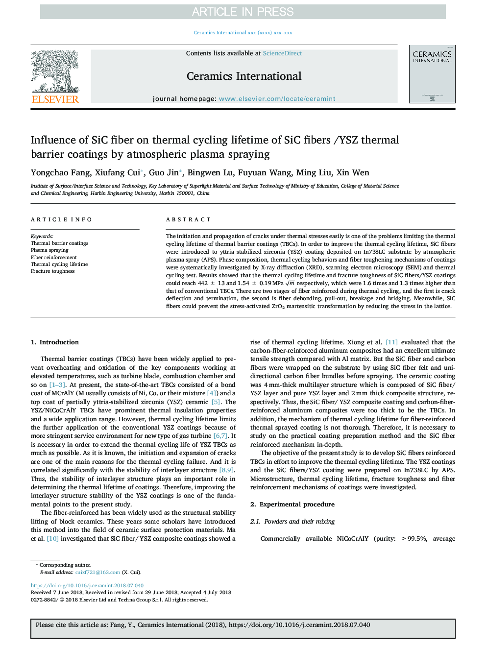 Influence of SiC fiber on thermal cycling lifetime of SiC fibers /YSZ thermal barrier coatings by atmospheric plasma spraying