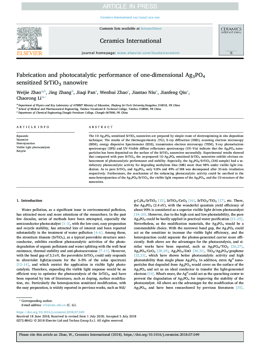 Fabrication and photocatalytic performance of one-dimensional Ag3PO4 sensitized SrTiO3 nanowire