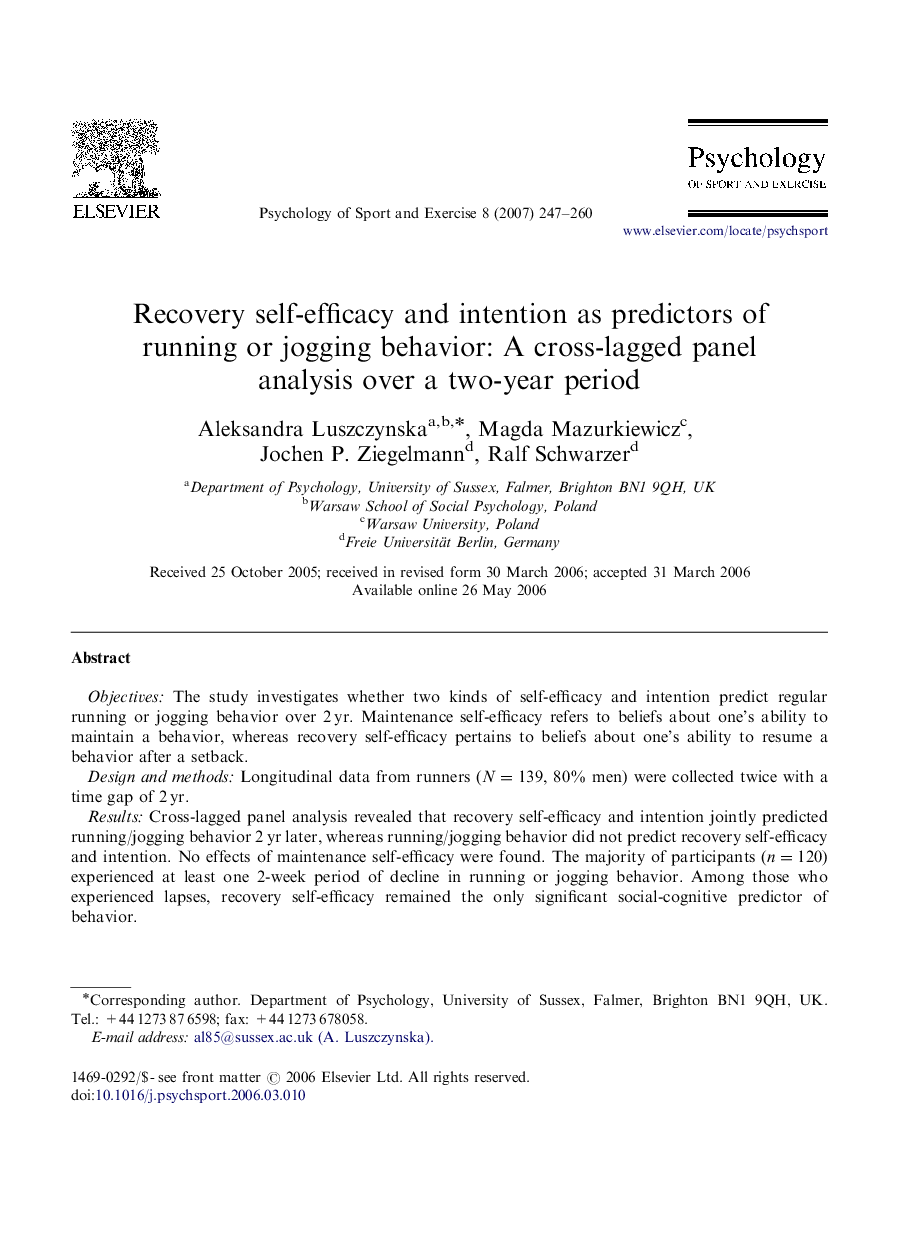 Recovery self-efficacy and intention as predictors of running or jogging behavior: A cross-lagged panel analysis over a two-year period