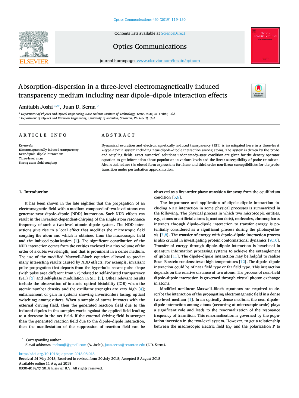 Absorption-dispersion in a three-level electromagnetically induced transparency medium including near dipole-dipole interaction effects