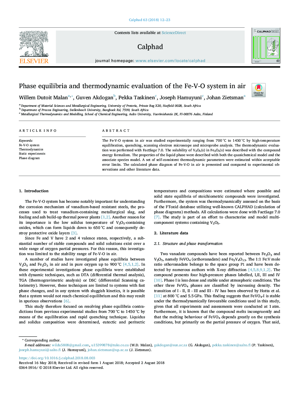 Phase equilibria and thermodynamic evaluation of the Fe-V-O system in air