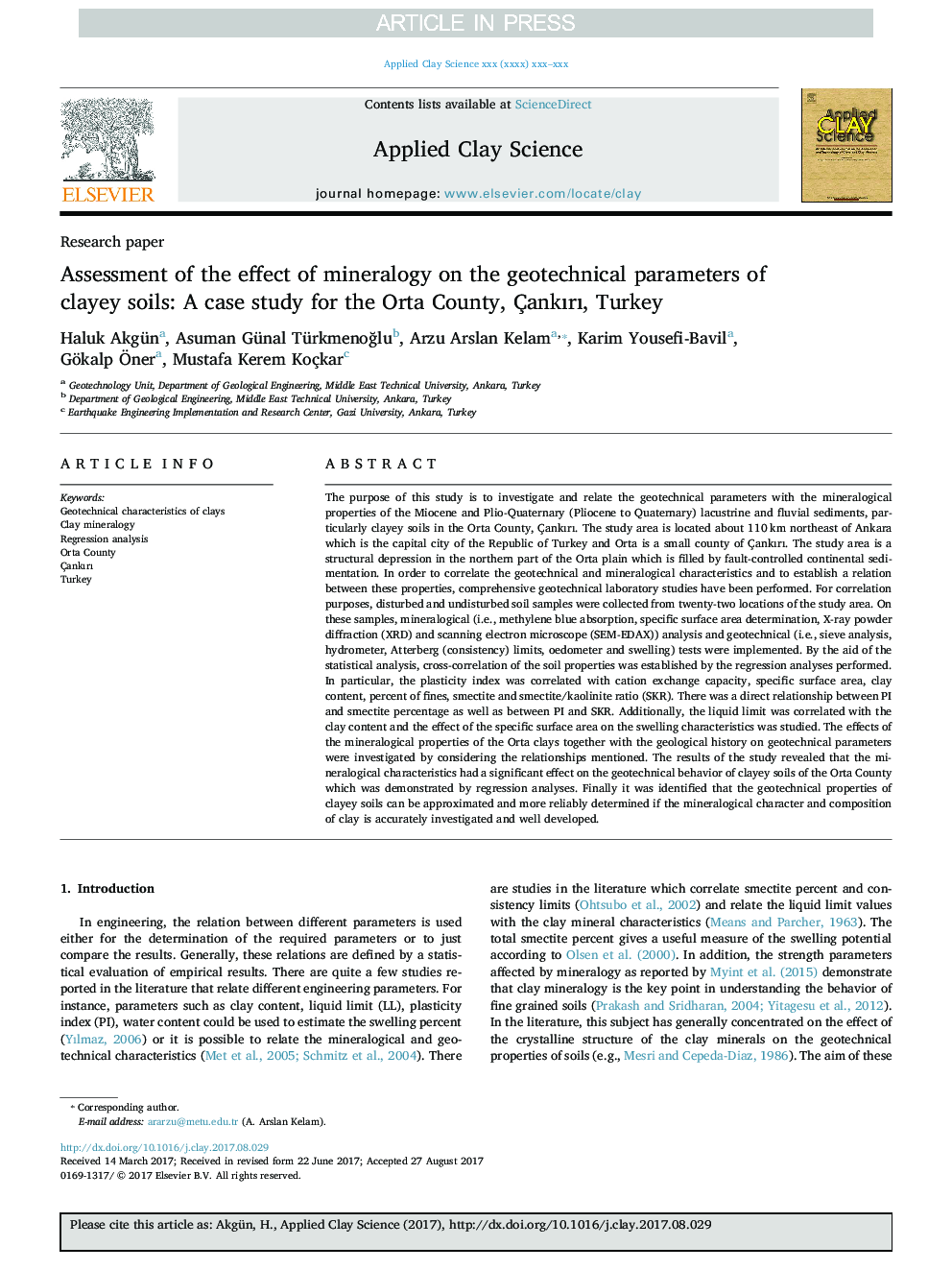 Assessment of the effect of mineralogy on the geotechnical parameters of clayey soils: A case study for the Orta County, ÃankÄ±rÄ±, Turkey