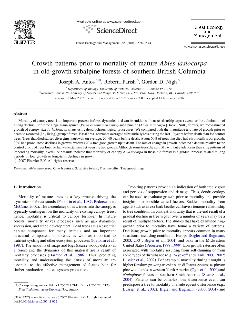 Growth patterns prior to mortality of mature Abies lasiocarpa in old-growth subalpine forests of southern British Columbia