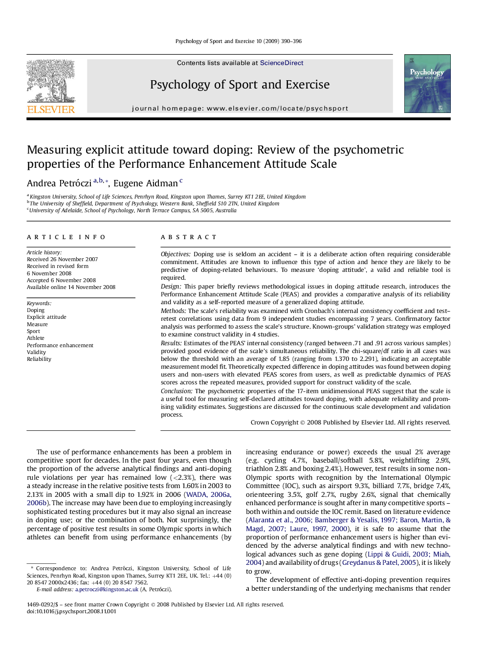 Measuring explicit attitude toward doping: Review of the psychometric properties of the Performance Enhancement Attitude Scale