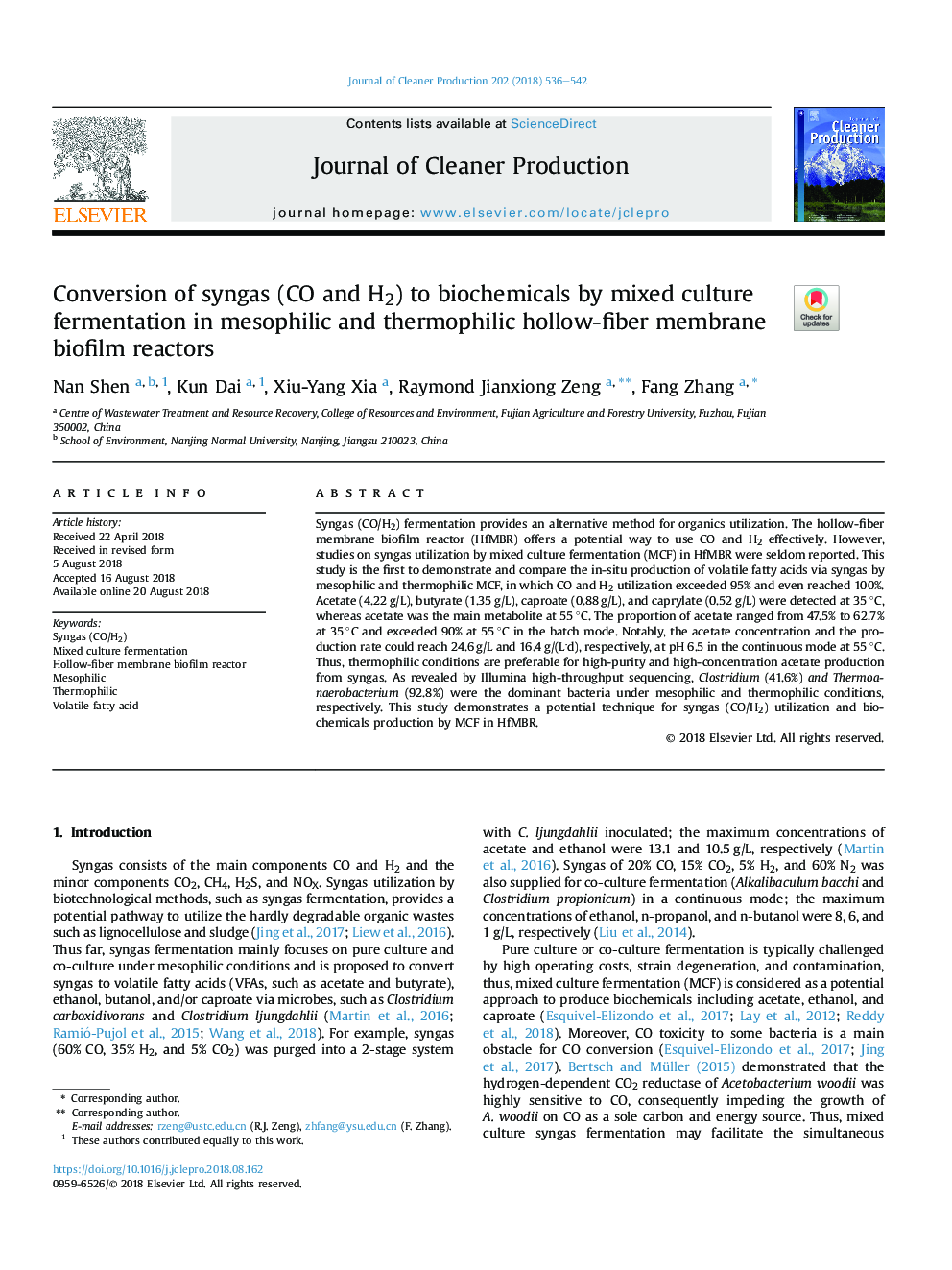 Conversion of syngas (CO and H2) to biochemicals by mixed culture fermentation in mesophilic and thermophilic hollow-fiber membrane biofilm reactors