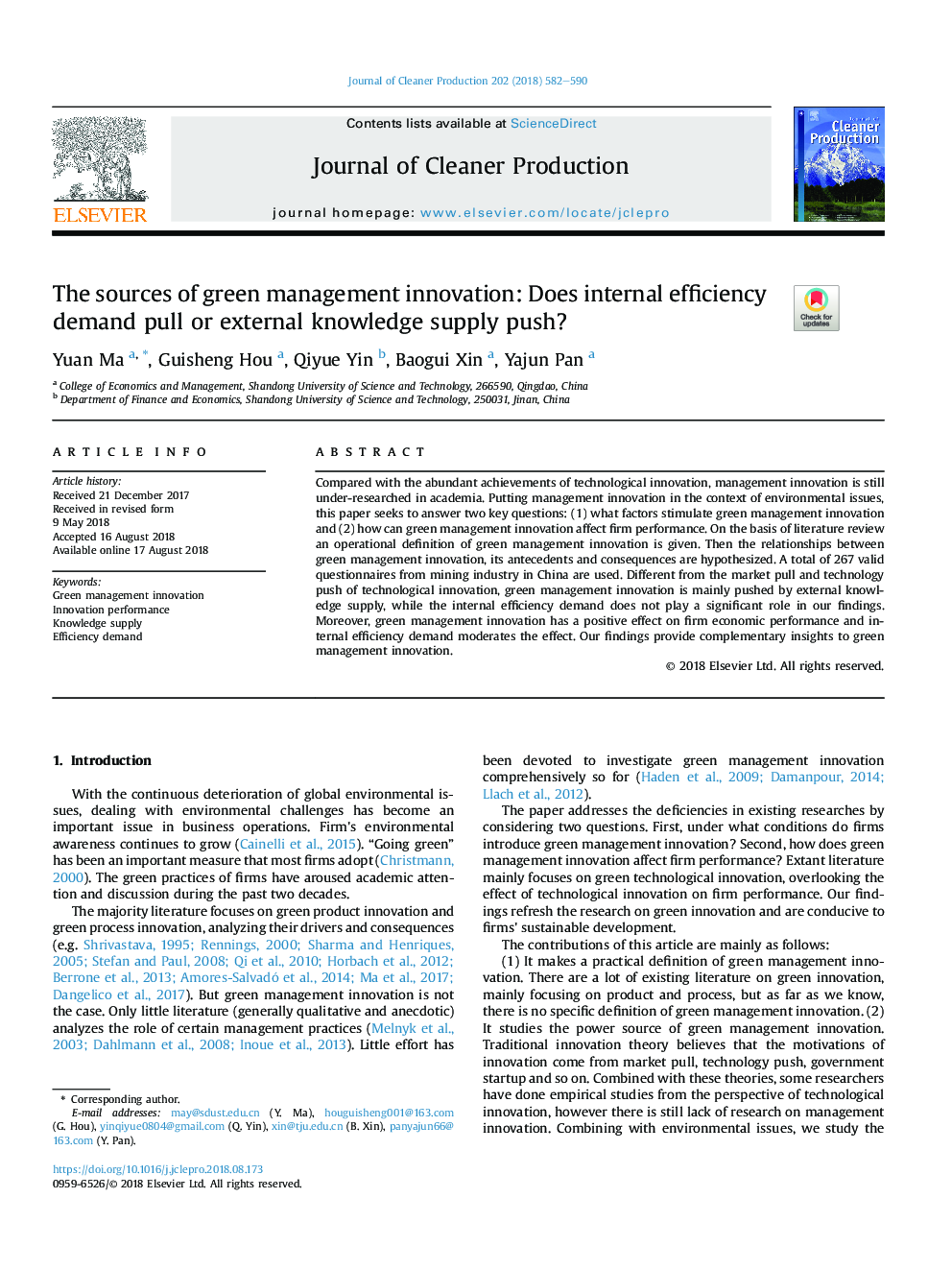 The sources of green management innovation: Does internal efficiency demand pull or external knowledge supply push?