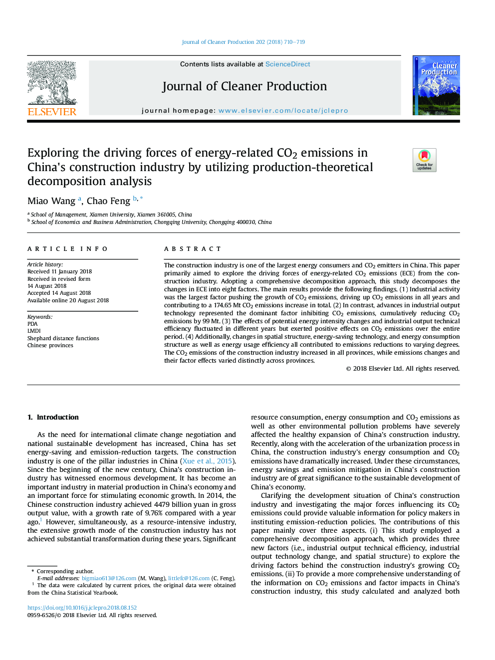Exploring the driving forces of energy-related CO2 emissions in China's construction industry by utilizing production-theoretical decomposition analysis