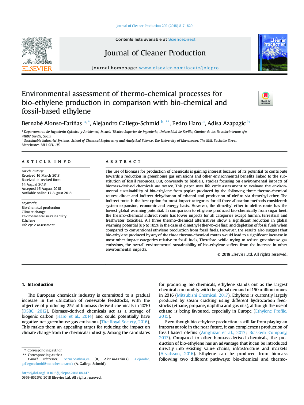 Environmental assessment of thermo-chemical processes for bio-ethylene production in comparison with bio-chemical and fossil-based ethylene