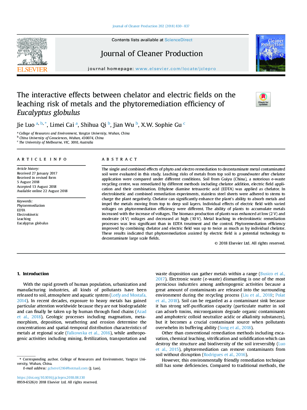 The interactive effects between chelator and electric fields on the leaching risk of metals and the phytoremediation efficiency of Eucalyptus globulus